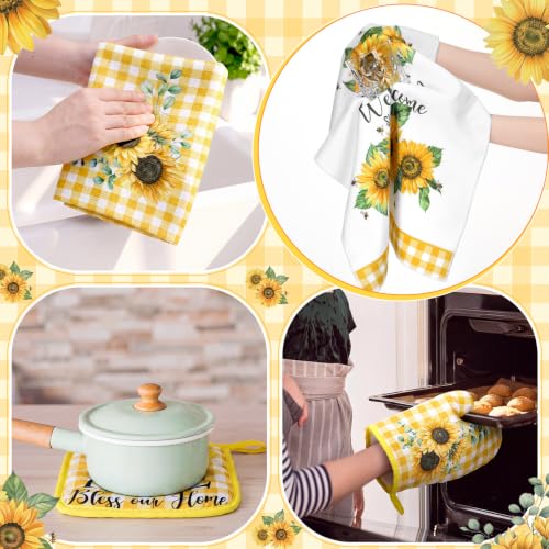 Leinuosen 8 Pcs Yellow Sunflower Kitchen Towels Dishcloths Accessories Set - color: Yellow and White, style: Sunflower