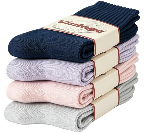 DAUCO 4 Pairs 98% Cotton Socks for Men Women Crew Seamless Fall Slouchy Socks - color: 4 Pairs - Navy Blue+light Purple+light Pink+light Grey, size: 5-10