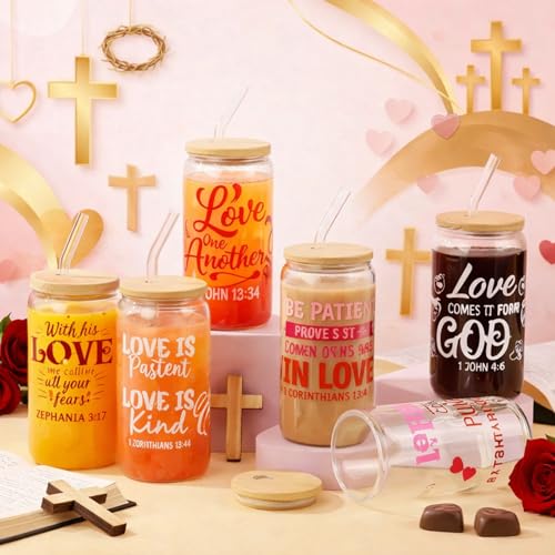 Fulmoon 6 Pcs Christian Drinking Glasses with Lids and Straws 16oz Jesus Religious Cup Christian Bible Decoration Glasses Set for Birthday Party Gift (Valentine) - style: Valentine