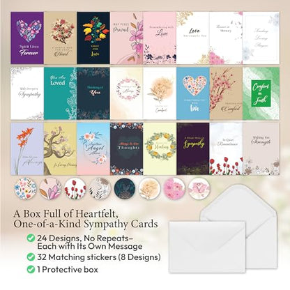 Box of Sympathy Cards with Envelopes - 24 Unique Designs, 4×6" - color: Unique
