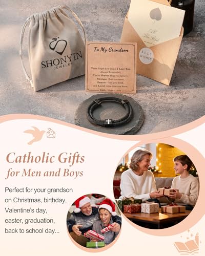 Shonyin Religious Catholic Gifts for Teen Boy Men, Cross Bracelet with Card - style: Grandson