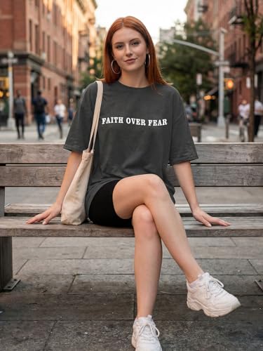 Christian Shirts for Women Faith Over Fear Oversized Graphic Tees - color: Darkgrey, size: Medium