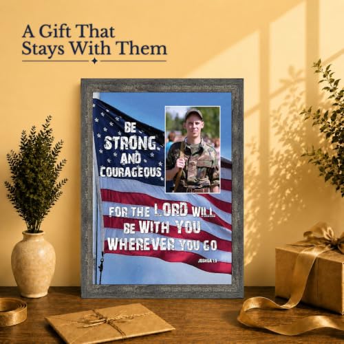 Be Strong and Courageous Military Picture Frames, Patriotic Wall Art - color: Barnwood, size: 11"L x 14"W