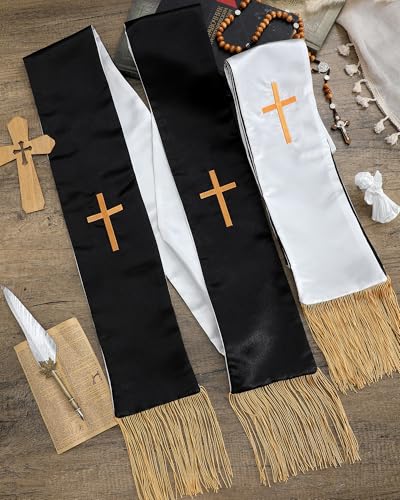 Eurzom 2 Pcs Reversible Clergy Stole with Cross Tassels - color: White,black
