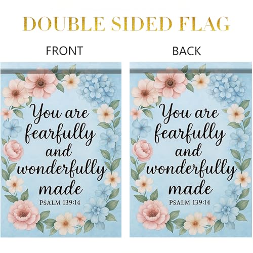 Christian House Flag 28x40 Inch You Are Fearfully And Wonderfully Made Garden Flag Psalm 139:14 Double Sided Floral Wreath Yard Banner Outdoor Porch ration USA Home Garden Church - color: Garden Flag