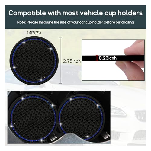 Dickno 4 PCS Bling Car Cup Coaster, 2.75 Inch Crystal Rhinestone Auto Cup Holder Insert Coaster, Anti-Slip Durable Car Drink Cup Mat, Universal Vehicle Interior Decor Accessories (Black & Blue) - color: Black+blue, size: 4 PCS