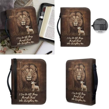 Faux Leather Bible Cover Church Bible Bag with 2 Pcs Bookmarks Brown Cross Lion Lamb Print Book Covers Carrying Bible Case with Zippered Pockets for Prayer, 2XL - color: Brown Cross Lion Lamb, size: XX-Large