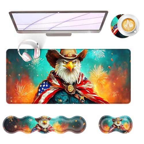 Large Keyboard Mouse Pad Set, Extended Mouse Pad+Keyboard Wrist Rest Support, Memory Foam Ergonomic Easy Typing, 4Pcs (31.5×11.8 in) Desk Pad Set for Office Home,American Flag Eagle - color: American Flag Eagle