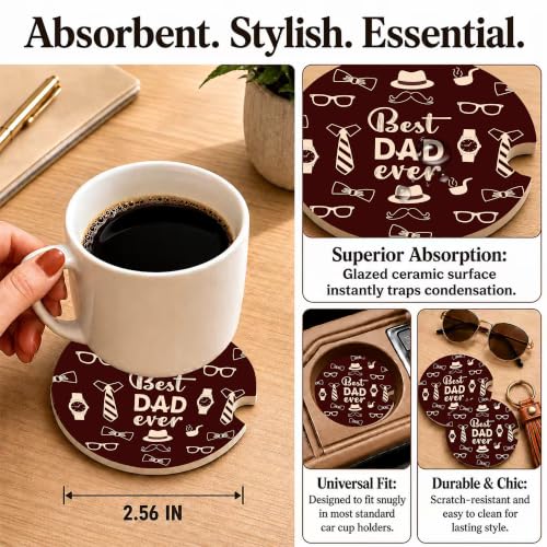 Best Dad Ever Car Coasters, Brown Retro Gentleman Cup Holders, 38 - color: Best Dad Ever
