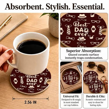 Best Dad Ever Car Coasters, Brown Retro Gentleman Cup Holders, 38 - color: Best Dad Ever