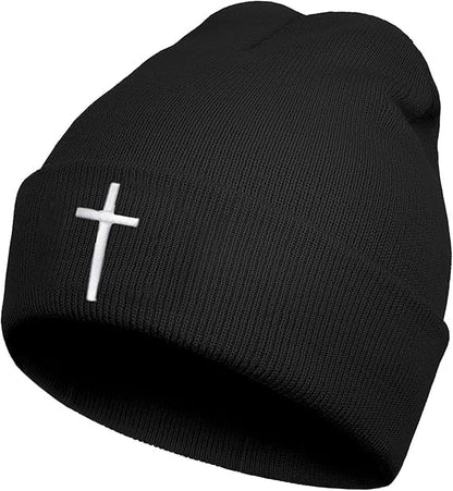 Unisex Stretch Warm Winter Skull Cap, Cold Weather Knit Beanie - color: Black - 3d Cross Embroidery