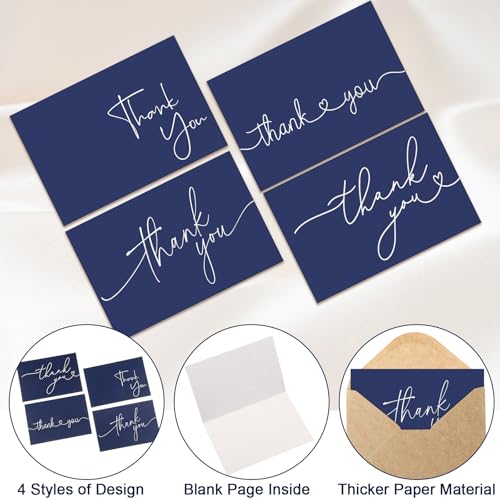 Teling 200 Set Thank You Cards with Envelopes Bulk, 6 x 4 Inch Blank Thank U Greeting Notes with Brown Kraft Envelopes Stickers Thankyou Card Set for Graduation Wedding Birthday Baby Shower(Navy Blue) - color: Navy Blue