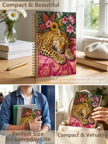Sleeping Leopard Floral Spiral Notebook Animal Lover Gift 5.5x8.3 in - color: Sleeping Leopard
