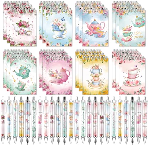 48 Pcs Tea Party Favors Tea Notebook with Floral Ballpoint Pens - style: Tea
