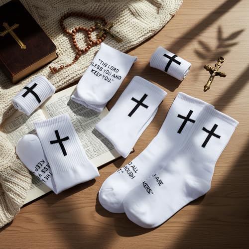 Cutecrop Christian Socks Cross Prayer Socks for Men Birthday Gift for Dad Husband Grandpa - color: White