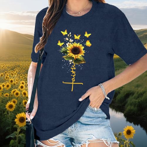 Womens Christian Shirts Faith Cross Sunflower Butterfly T-Shirt Bible Verse Religious Tee Tops - color: Blue, size: XX-Large