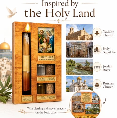 Zuluf Anointing Oil Gift Set Holy Icon Christian Keepsake from Jerusalem Bethlehem with Beeswax Candle, Holy Water, Blessed Earth, Olive Oil, Incense for Baptism, Christening, Godparent Faith Gift