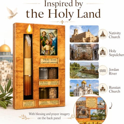 Zuluf Anointing Oil Gift Set Holy Icon Christian Keepsake from Jerusalem Bethlehem with Beeswax Candle, Holy Water, Blessed Earth, Olive Oil, Incense for Baptism, Christening, Godparent Faith Gift