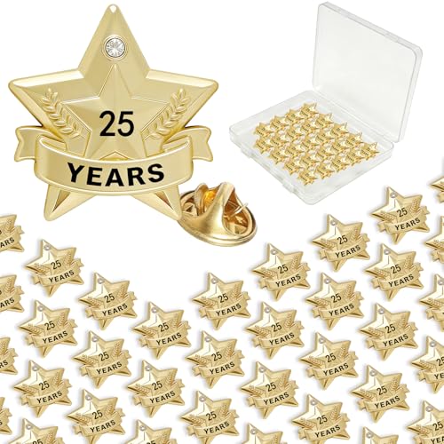 Years of Service Pins, Gold Star Pin for 1-30 Year Work Anniversary, Long Standing Employee Recognition Award Star Pins for Staff, Team & Volunteers - style: 25 Years