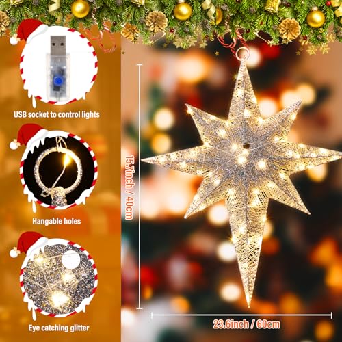 Retisee 1 Pcs 24 Inch Christmas Glitter Bethlehem Star Large LED Outdoor Xmas Lights Powered Hanging Outdoor Lighted Christmas Star for Yard Porch Festival Xmas Holiday Nativity Wedding (White)