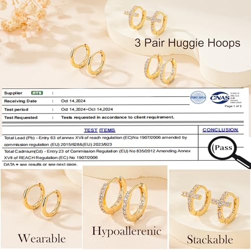 3Pairs Gold Cross Earrings for Women Hoops Huggie Earrings Stack Set - color: Gold-1