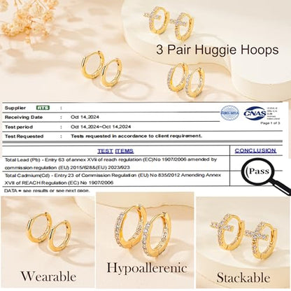 3Pairs Gold Cross Earrings for Women Hoops Huggie Earrings Stack Set - color: Gold-1
