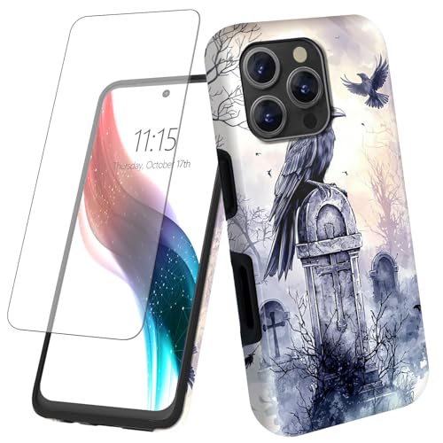 for iPhone 16 Pro Phone Case 6.3" with Screen Protector Art Raven Design for Women Men Hybrid Dual Layer Hard PC Shell Soft TPU Silicone Wireless Charging Shockproof Protective Cover - color: Art Raven, size: for iPhone 16 Pro 6.3"