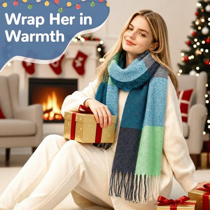 Loritta Winter Scarf for Women, Long Plaid Shawl Wraps Scarves Gifts - color: J-green Water Blue Plaid