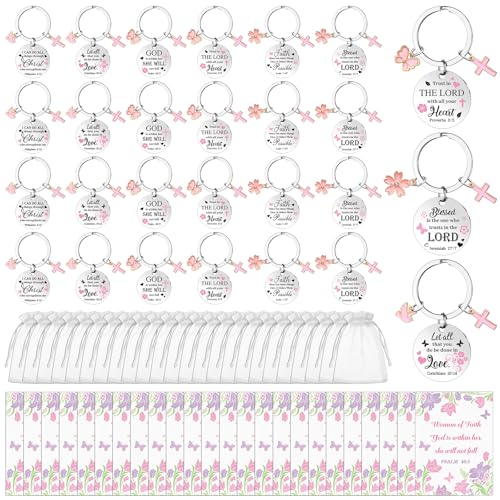 24 Sets Faith Christian Keychain Gifts for Women Religious Butterfly Cross Stainless Steel Key Chains Spiritual Bible Verse Cards with Organza Bags for Easter Christmas Baptism Coworker