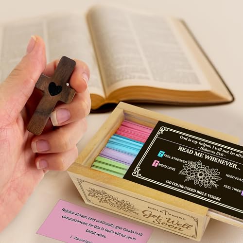 Personalized Get Well Soon Bible Verse Box with 150 Color-Coded Scripture Cards, Custom Name Prayer Box with Wooden Pocket Cross, Read Me Whenever Cards, Christian Encouragement Gift - color: Get Well Soon
