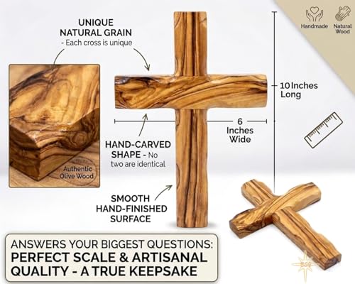 Wall Cross, Wooden Crosses from Bethlehem, Holy Land. Olive Wood Crucifix. Hanging Home Decor. Religious Gift for Godparents, Grandchildren, Kids Room Cross, New House, Christmas and Easter Gifts, - size: 10"L x 6"W