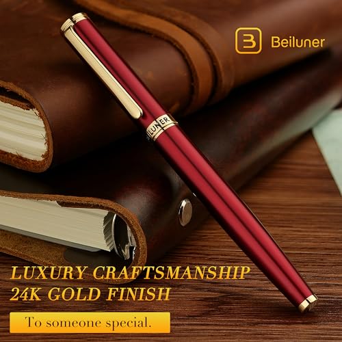 BEILUNER Red Fountain Pen,Stunning Luxury Pens with 24K Gold Finish, Gorgeous 24K Gilded Nib(Medium), Fancy Pen Gift for Men&Women -Ink Converter-Elegant,Professional,Office,Nice Pen for Writing - color: Red&Gold, style: Medium Nib