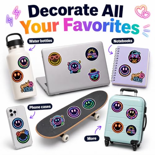 Neon Smiley Face Stickers for Kids, 50 Pcs, 2.12 Inch Waterproof - color: Neon Smiley