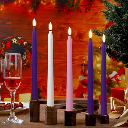 Stmarry Flameless Advent Candles, Set of 5 - Flickering LED Flame, 11 Inch Taper Candlesticks, Remote Controlled - 3 Purple, 1 Pink, 1 White for Christmas Wreath - color: Purple, Pink and White