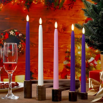 Stmarry Flameless Advent Candles, Set of 5 - Flickering LED Flame, 11 Inch Taper Candlesticks, Remote Controlled - 3 Purple, 1 Pink, 1 White for Christmas Wreath - color: Purple, Pink and White