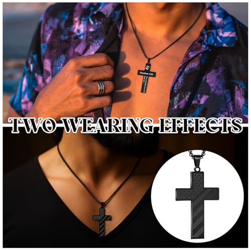 Ecally 8 Pcs Christian Cross Necklace for Men Father Religious Black Silver Stainless Steel Cross Church Gift USA Flag Chain - color: Black