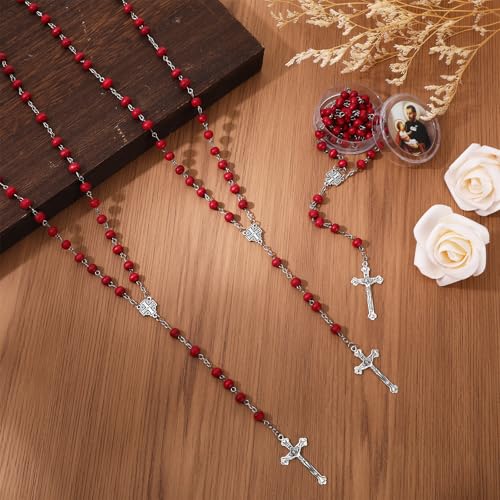 24 Pcs Red/White Rosary Beads Bulk, Jesus Cross Rosarios Catolicos, Virgen De Guadalupe Wooden Beads Rosary Necklace with Box, Catholic Gifts Funeral Baptism Favors First Communion Favors for Guests - color: Red