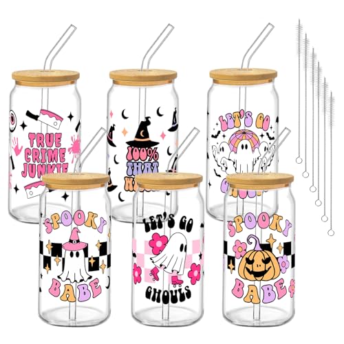 Halloween Glass Cups with Lids and Straws, 6Pack, 16oz, Pink Ghost - style: Pink Spooky
