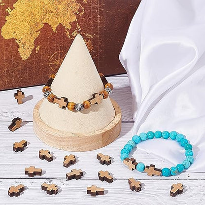 SUNNYCLUE 200Pcs Cross Beads Bulk Easter Wooden Cross Beads Wood Charm Natural Mini Tiny Crucifix Pendants Small Loose Spacers for Jewelry Making Rosary Bracelets DIY Supplies