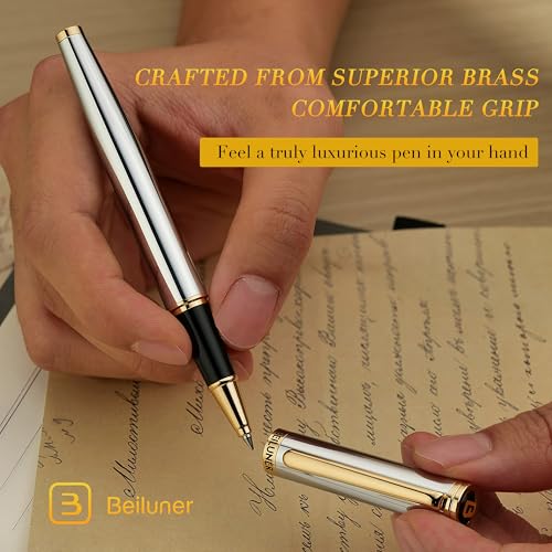 BEILUNER Luxury Rollerball Pen, Stunning Silver Chrome with 24K Gold Finish,Noble and Elegant Designs,Schneider Ink Refill, Best Gift Pen for Men & Women, Professional, Executive Office, Fancy Pens - color: ,Silver Chrome and Gold
