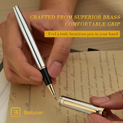 BEILUNER Luxury Rollerball Pen, Stunning Silver Chrome with 24K Gold Finish,Noble and Elegant Designs,Schneider Ink Refill, Best Gift Pen for Men & Women, Professional, Executive Office, Fancy Pens - color: ,Silver Chrome and Gold