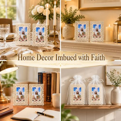 12 Sets Catholic Saint Joseph Picture Frames with Gift Bags, Baptism Favors for Guests, Openwork Carving Prayer Wooden Tablets, First Communion Favors Catholic Gifts Bulk, Recuerdos de Bautizo