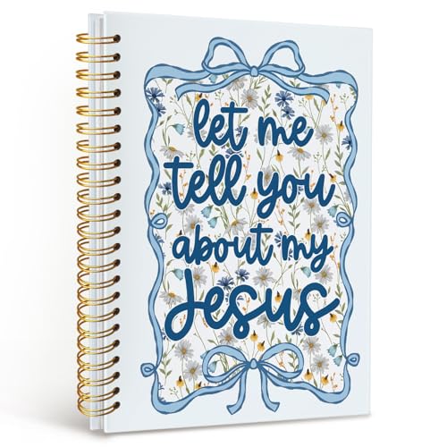 MOFUYU Blue Bow Floral Christian Spiral Notebook,Journal for Bible Study - color: white(Blue)