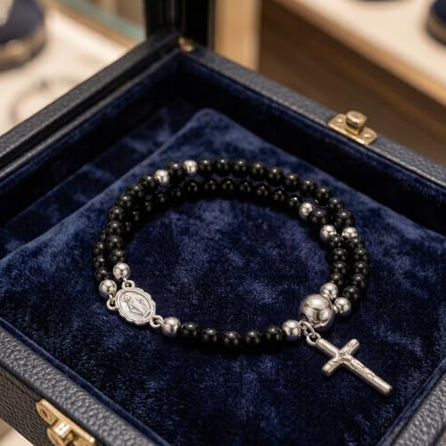 Cross Rosary Bracelet for Women Handcrafted Crystal Virgin Mary Cross Beaded Bracelets Christian Faith Link Bracelets Crucifix Religious Christian Faith Jewelry - color: Black