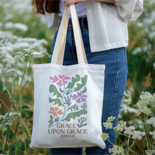 Christian Tote Bag Religious Gifts Canvas Bags for Women Men Shopping Work Gym Picnic Travel - color: Grace Upon Grace John 1:16