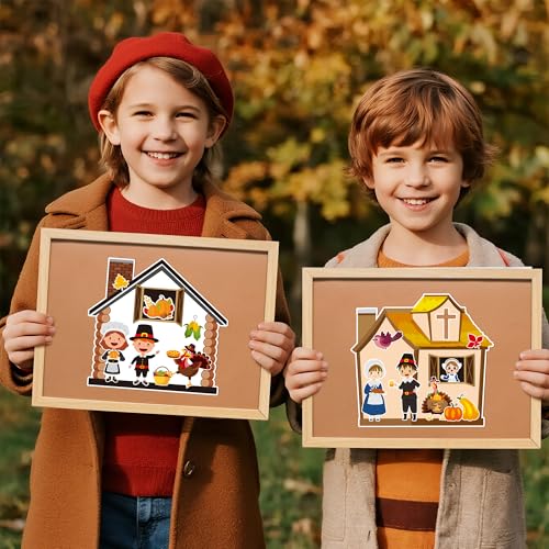 CY2SIDE Thanksgiving Pilgrimage Scene Sticker - 12 Set Pilgrims Theme Sticker Art Craft for Kids Classroom Activities, Make a Native American Scene Game with Turkey Decal for Thanksgiving Party Favors - style: Pilgrimage