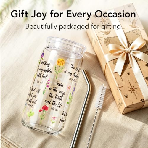 Christian Bible Verse Gifts for Women 16Oz Glass Cups with Lids & Straws, Wildflower Scripture Faith Religious Gifts for Friends, Mothersday Baptism Birthday Gifts for Church Friends Christian Women