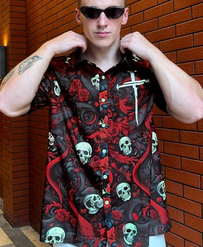 Men's Hawaiian Shirt, Faith and Skull Theme, Short Sleeve Vacation Shirt, Tropical Casual Beach - color: Faith-11, size: Medium
