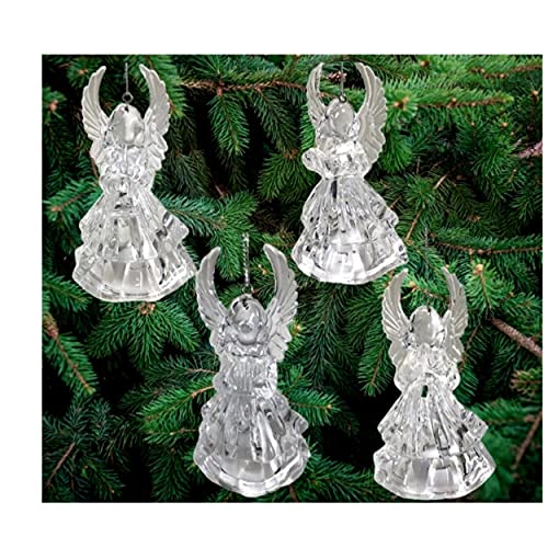 Lighted Acrylic Angel Christmas Ornaments Set of 4, Clear LED Angel Figurines with Reading Book, Horn, Harp & Praying Designs, 4.25 Inch Hanging Angel Tree Decorations, Religious Holiday Décor