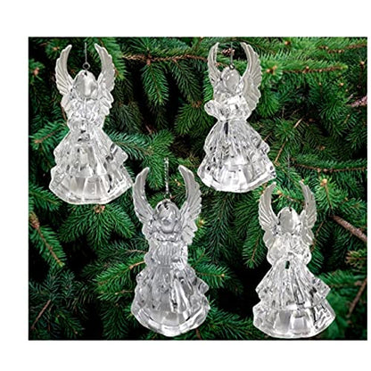 Lighted Acrylic Angel Christmas Ornaments Set of 4, Clear LED Angel Figurines with Reading Book, Horn, Harp & Praying Designs, 4.25 Inch Hanging Angel Tree Decorations, Religious Holiday Décor